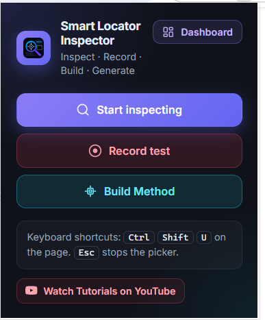 Smart Locator Inspector popup with Start inspecting, Record test, and Build Method actions