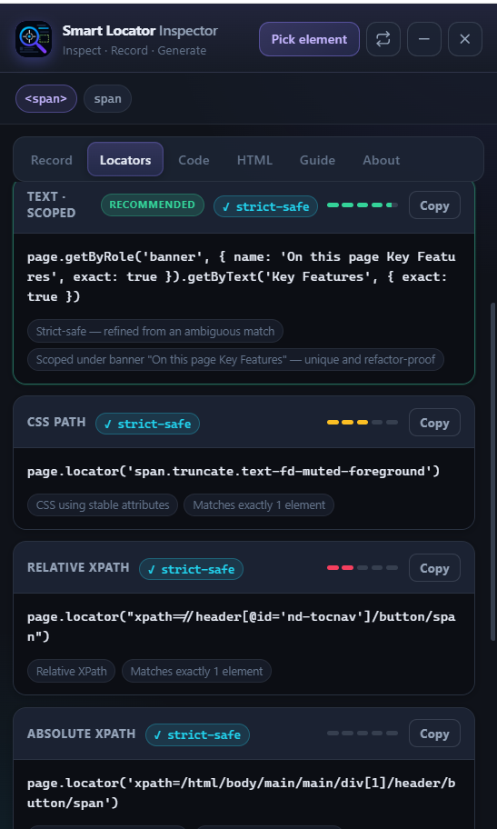 Smart Locator Inspector showing recommended text, CSS, relative XPath, and absolute XPath locators